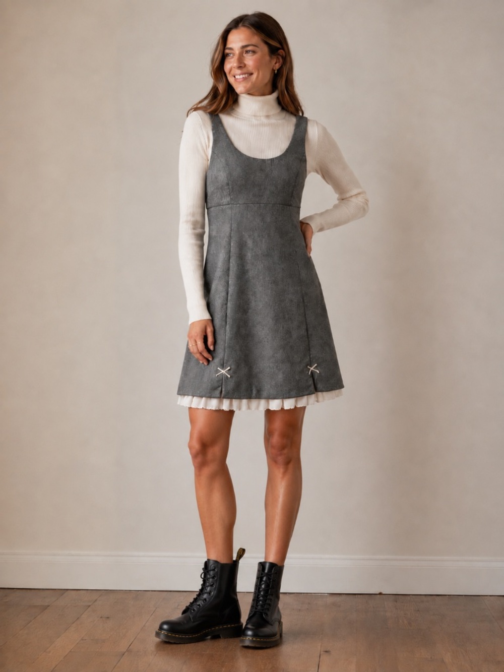 Grey mini dress M bows frills coquette girlhood core Band crush A line baby doll